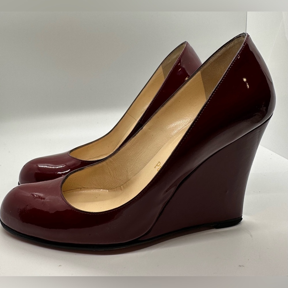 SOLD Christian Louboutin Burgundy Patent Leather  Zeppa Wedge Pumps Size 36.5